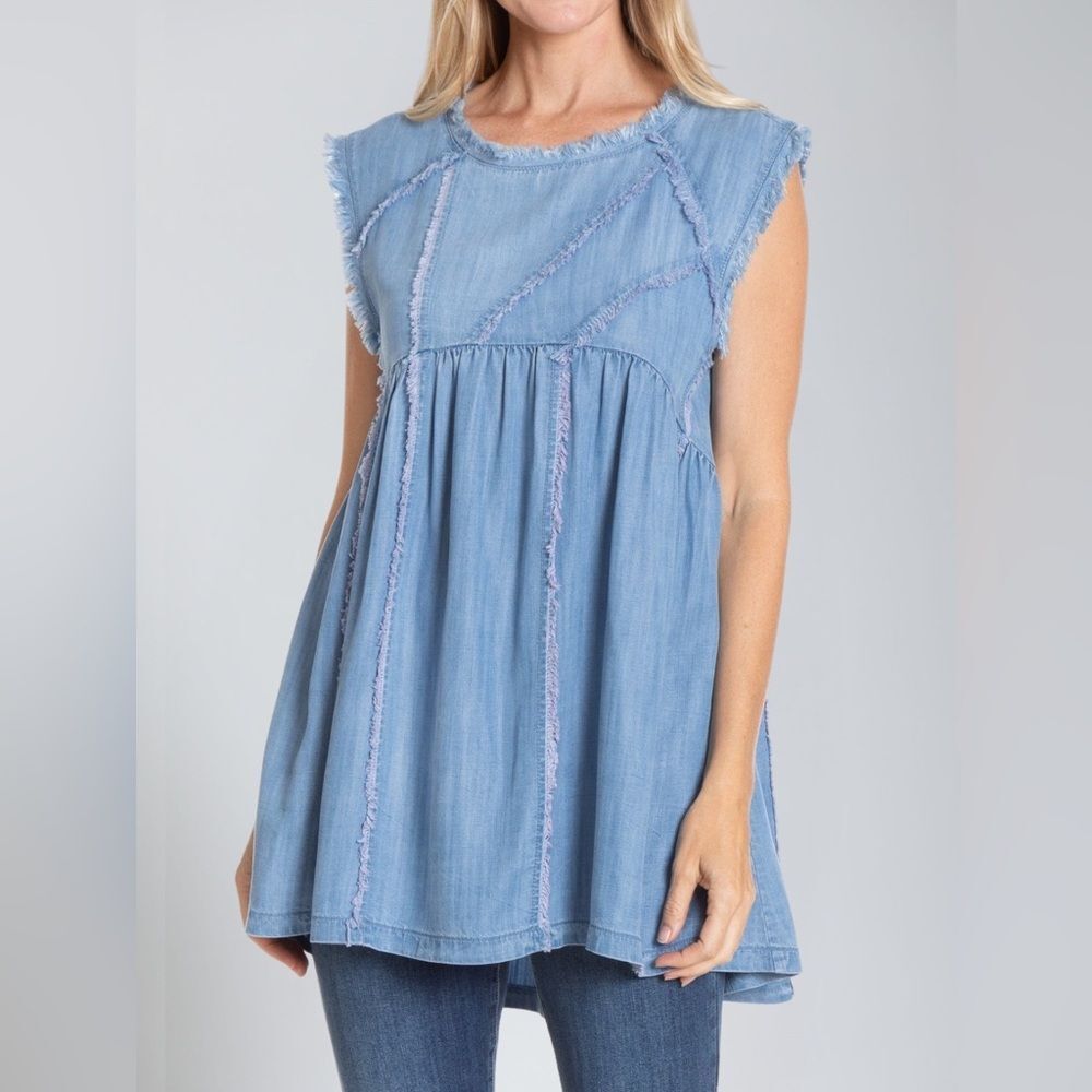 Sleeveless Patched‎ and Frayed Tunic Dress - Light Indigo size small - Picture 2 of 13